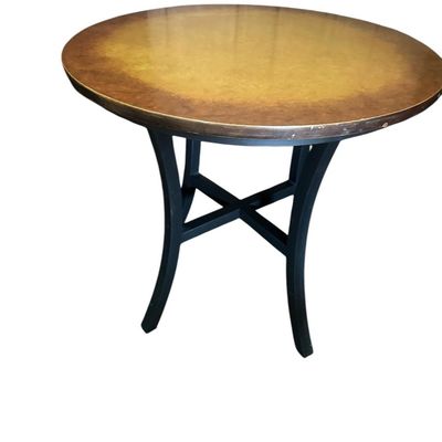 Sale Photo Thumbnail #152: 36" round × 17.5"T and 26.5" round × 25"T. Two matching-style round wood tables with dark legs and stretchers. One is 36" round × 17.5" tall (coffee table height). The other is 26.5" round × 25" tall (side table height). Local   in   / Shreveport area