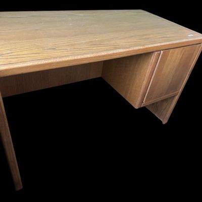 Sale Photo Thumbnail #156: 48"W × 24"D × 29"T Clean MCM light oak desk featuring single right-side door storage cabinet/drawers and smooth oak veneer top. Dimensions: 48" Wide x 24" Deep x 29" Tall.  