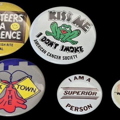 Sale Photo Thumbnail #200:  Lot of Misc Pinback Buttons plus Miniature Clogs.                           