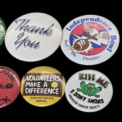 Sale Photo Thumbnail #199:  Lot of Misc Pinback Buttons plus Miniature Clogs.                           