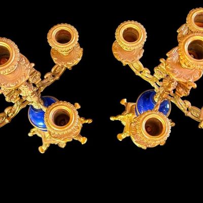 Sale Photo Thumbnail #230:  Ornate Gilt Bronze and Blue Porcelain Candelabras  5-Arm Design.                           