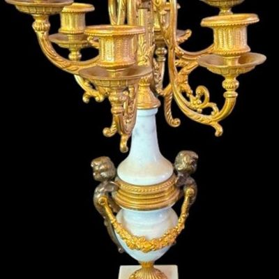 Sale Photo Thumbnail #243:  Antique Gilded Clock and Candelabra Set with Cherub Motif.                           