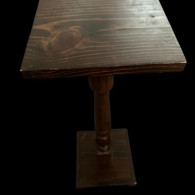 Sale Photo Thumbnail #268: 32.00 x 11.50 x 9.50 Tall dark wood pedestal stand featuring square top cap  turned spindle center column  and heavy tiered square plinth base. 32.00 x 11.50 x 9.50  