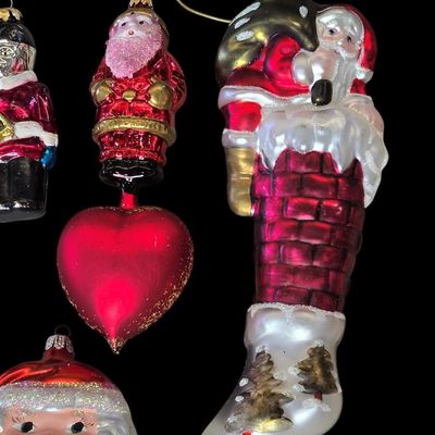 Sale Photo Thumbnail #308:  Lot of Blown Glass Santa Ornaments.                           