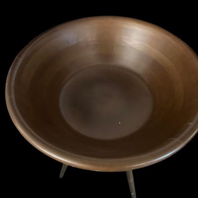 Sale Photo Thumbnail #371: Mid-century solid turned wood deep bowl mounted on a swivel tripod base with splayed wooden peg legs; features a smooth spinning top bowl mechanism. Items may be held with pre-payment or a deposit. We are not scammers  you can check our track record  and 