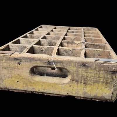 Sale Photo Thumbnail #436:  Wooden Coca-Cola Bottle Crate  Worn Yellow.                           