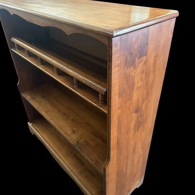 Sale Photo Thumbnail #489: 38 X 36 X 13 Scalloped top crest  decorative spindle gallery rail on upper shelf  open back  and shaped side panels. Dimensions: 38" H x 36" W x 13" D Local  .  