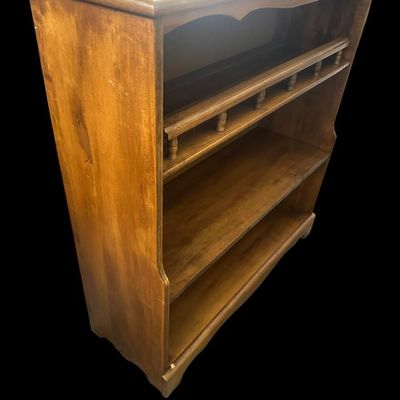 Sale Photo Thumbnail #488: 38 X 36 X 13 Scalloped top crest  decorative spindle gallery rail on upper shelf  open back  and shaped side panels. Dimensions: 38" H x 36" W x 13" D Local  .  