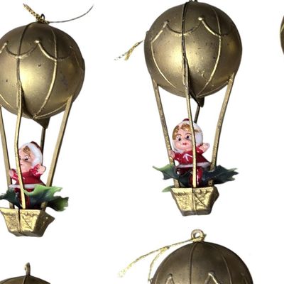 Sale Photo Thumbnail #554:  Vintage Christmas Ornaments  Elves in Hot Air Balloons.                           