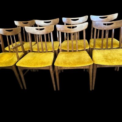 Sale Photo Thumbnail #595: 60.00 (w/o leaf) 72.00 (w/leaf) 40.00 Wide 29.00 Tall Mid-Century Modern Walnut Dining Table Set with 8 Mustard Velvet Chairs & Leaf  features tapered legs  1 leaf  leather table pad covers  and 8 matching MCM chairs (2 armchairs  6 side chairs) with cut-