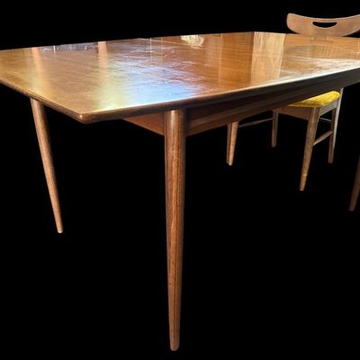 Sale Photo Thumbnail #592: 60.00 (w/o leaf) 72.00 (w/leaf) 40.00 Wide 29.00 Tall Mid-Century Modern Walnut Dining Table Set with 8 Mustard Velvet Chairs & Leaf  features tapered legs  1 leaf  leather table pad covers  and 8 matching MCM chairs (2 armchairs  6 side chairs) with cut-