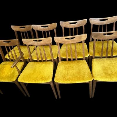 Sale Photo Thumbnail #593: 60.00 (w/o leaf) 72.00 (w/leaf) 40.00 Wide 29.00 Tall Mid-Century Modern Walnut Dining Table Set with 8 Mustard Velvet Chairs & Leaf  features tapered legs  1 leaf  leather table pad covers  and 8 matching MCM chairs (2 armchairs  6 side chairs) with cut-