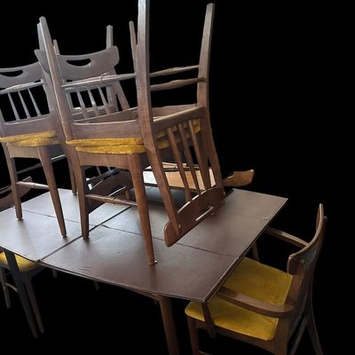 Sale Photo Thumbnail #600: 60.00 (w/o leaf) 72.00 (w/leaf) 40.00 Wide 29.00 Tall Mid-Century Modern Walnut Dining Table Set with 8 Mustard Velvet Chairs & Leaf  features tapered legs  1 leaf  leather table pad covers  and 8 matching MCM chairs (2 armchairs  6 side chairs) with cut-