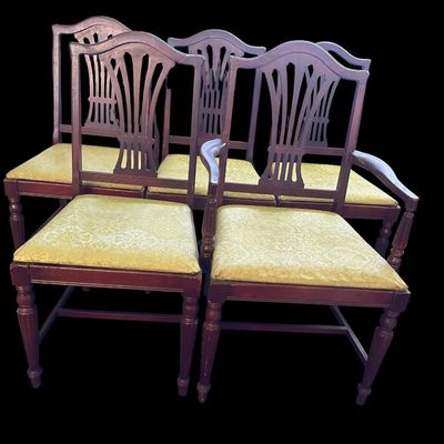 Sale Photo Thumbnail #648: Set of 5 rich mahogany dining chairs (1 armchair  4 side chairs) featuring pierced fan/splat backrests  serpentine top crests  turned front legs  and damask floral brocade fabric seat cushions.  