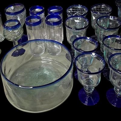 Sale Photo Thumbnail #767:  Mexican Hand-Blown Cobalt-Rim Glass Bowl.                           