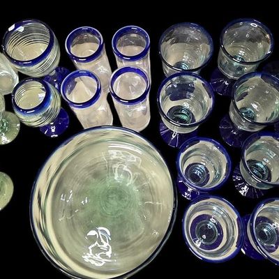 Sale Photo Thumbnail #769:  Mexican Hand-Blown Cobalt-Rim Glass Bowl.                           