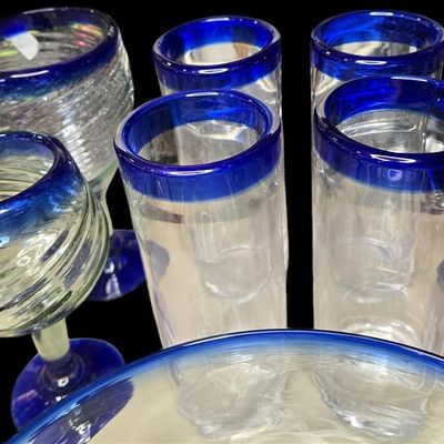 Sale Photo Thumbnail #773:  Mexican Hand-Blown Cobalt-Rim Glass Bowl.                           