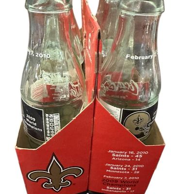Sale Photo Thumbnail #863:  2009 New Orleans Saints World Champions Coca-Cola 6-pack carrier.