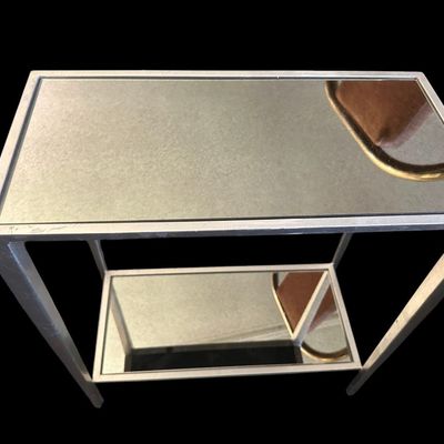 Sale Photo Thumbnail #899: 22"T × 20"W × 10"D Modern rectangular side/telephone table featuring a brushed silver metal frame with a mirrored glass top surface and mirrored lower shelf tier. Dimensions: 22" Tall x 20" Wide x 10" Deep.  