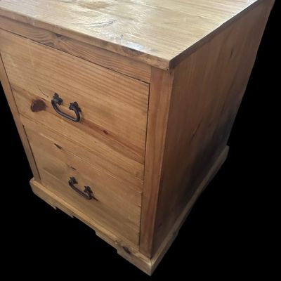 Sale Photo Thumbnail #926: 30"T × 22"W × 25.5"D Solid knotty pine deep 2-drawer file cabinet/chest featuring rustic drop handles and plinth base. Dimensions: 30" Tall x 22" Wide x 25.50" Deep.  