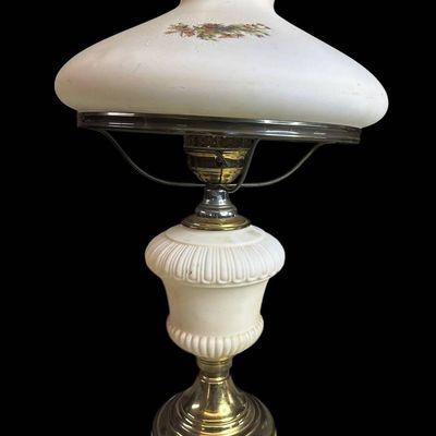 Sale Photo Thumbnail #1074:  Fenton Hand-Painted Custard Glass Lamp with Floral Design  24 x 13.5 Inches.                           