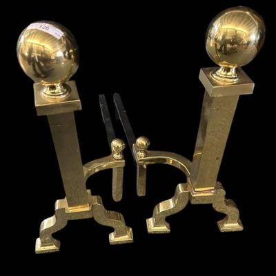 Sale Photo Thumbnail #1077:  Brass Andirons with Ball Finial Detailing.                           