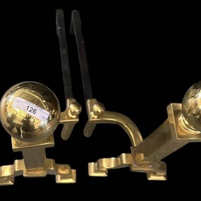 Sale Photo Thumbnail #1079:  Brass Andirons with Ball Finial Detailing.                           