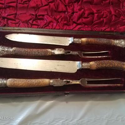Lot-60 Stag Set Knife & Fork 4 Pc in Case A&N.C.S.L.