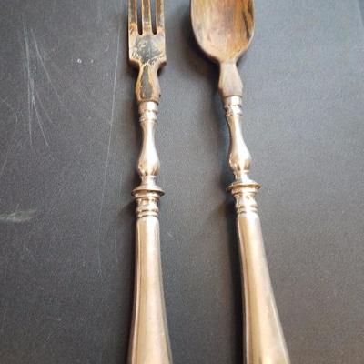 Lot-53 CHRISTOFLE SILVER HANDLED WOODEN SPOON & FORK VINTAGE SALAD SET