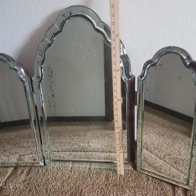 Lot-46 Antique  Beveled Trifold Vanity Dresser Mirror 