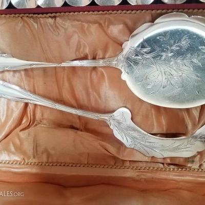 Lot-56 14 Pc Engraved Silver Serving Set in Red Case Stamped