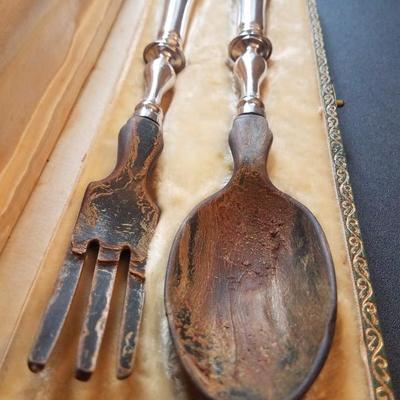 Lot-53 CHRISTOFLE SILVER HANDLED WOODEN SPOON & FORK VINTAGE SALAD SET