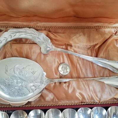 Lot-56 14 Pc Engraved Silver Serving Set in Red Case Stamped