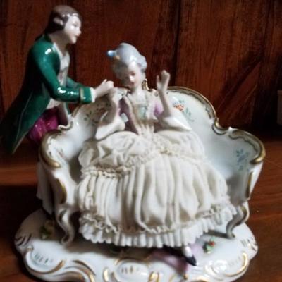 Lot-129 Porcelain Lace Figurine (Man in Green & Lady)