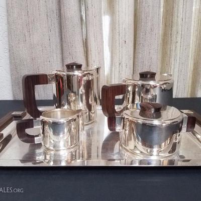 Lot-69 Christofle 8 Pc Tea Set Serving Lot Wood Handled