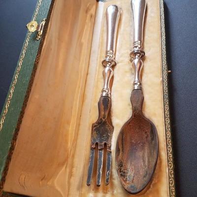 Lot-53 CHRISTOFLE SILVER HANDLED WOODEN SPOON & FORK VINTAGE SALAD SET