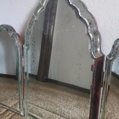 Lot-46 Antique  Beveled Trifold Vanity Dresser Mirror 