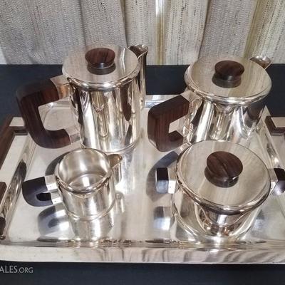 Lot-69 Christofle 8 Pc Tea Set Serving Lot Wood Handled