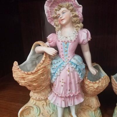 Lot-128 Vintage Pair Signed Basket Holding French Porcelain Figurines
