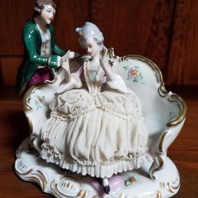 Lot-129 Porcelain Lace Figurine (Man in Green & Lady)