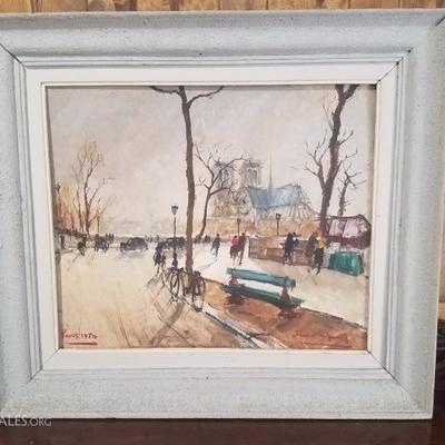 Lot-22 Large Vintage Wooden Framed Paris 1950 Painting Signed 