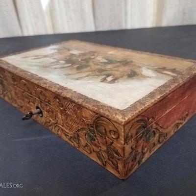 Lot-131 Wooden Box Painted Horses W/ Key (Single)
