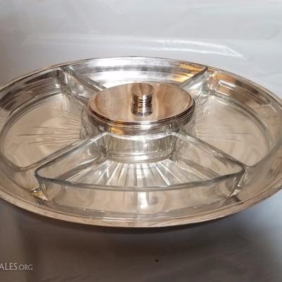 Lot-89 Alfenide 7 Pc Dip Set W/ Silver Plate Platter & Lid