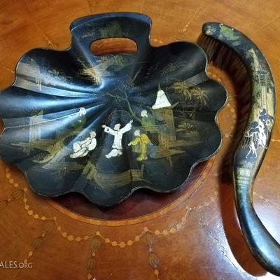 Lot-109 Vintage Hand Painted Asian Wooden Crumb Catcher