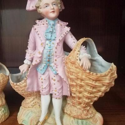 Lot-128 Vintage Pair Signed Basket Holding French Porcelain Figurines