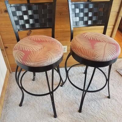 Lot-B1 Pair of 2 Metal & Fabric Bar Stools w/ Palm Print