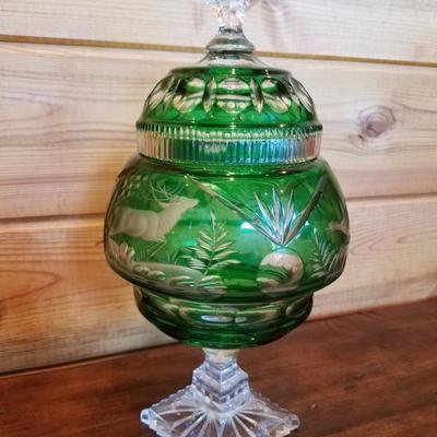 Lot-B66  Bohemian Czech Crystal Glass Emerald Green Cut to Clear Dish w/ Lid