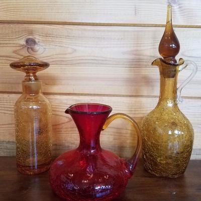 Lot-B28 Mid Century Modern Red & Amber Crackle Glass Collection 3 Pc