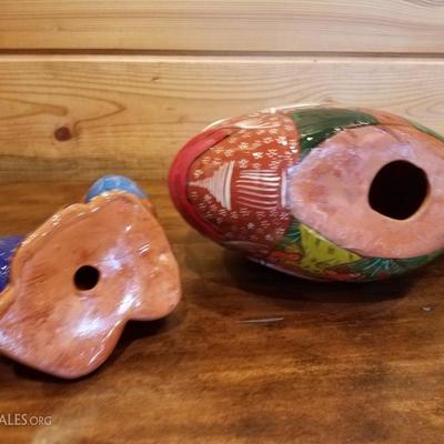 Lot-C2 2 Pc Talavera Mexican Pottery Hand Painted Cat & Fish Decorative Figures