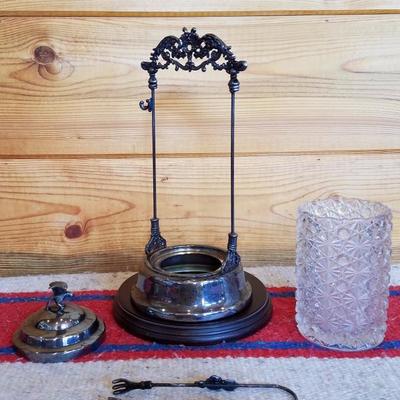 Lot-B43 Vintage Ornate Silverplate & Glass Sugar Cube Jar w/ Tongs